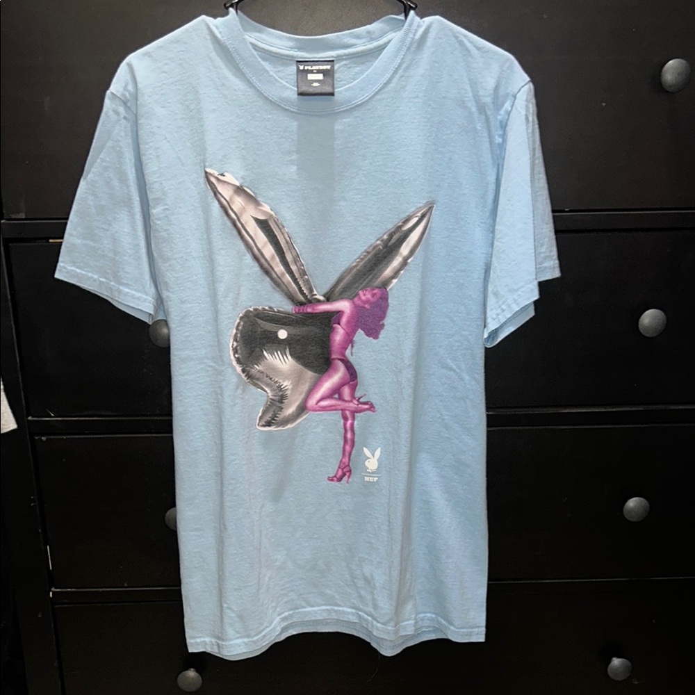 PLAYBOY Light Blue Tee with Silver and Pink Graphic